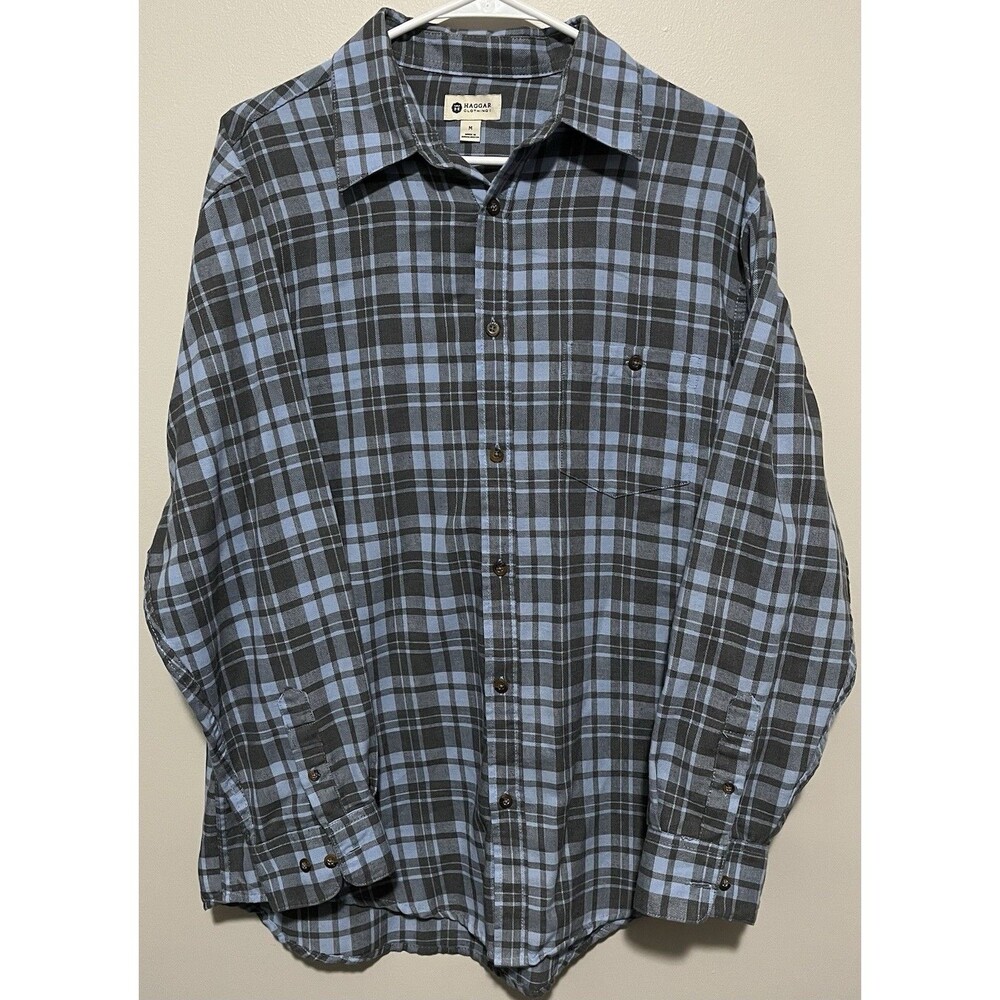 Haggar Men’s flannel shirt blue & gray plaid pattern Size M